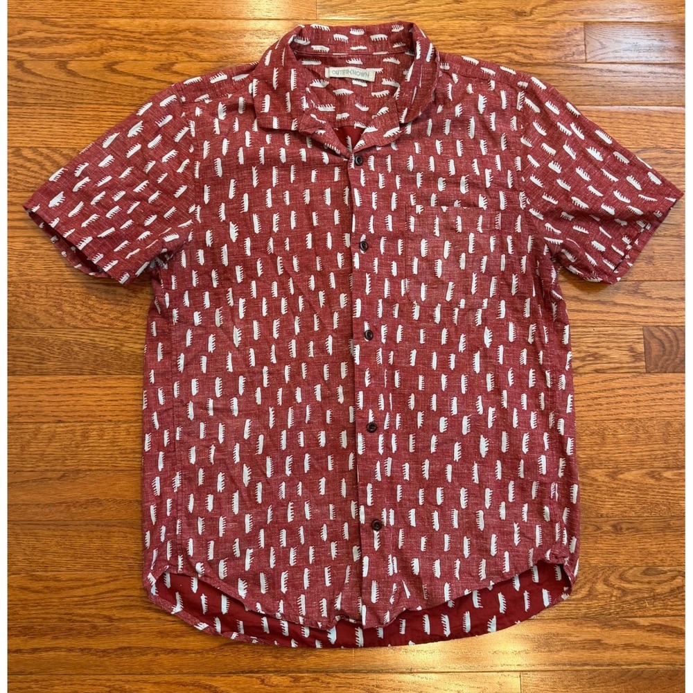 Outerknown Button Down Shirt Mens Large Red Abstract BBQ Camp Loop Collar Surf